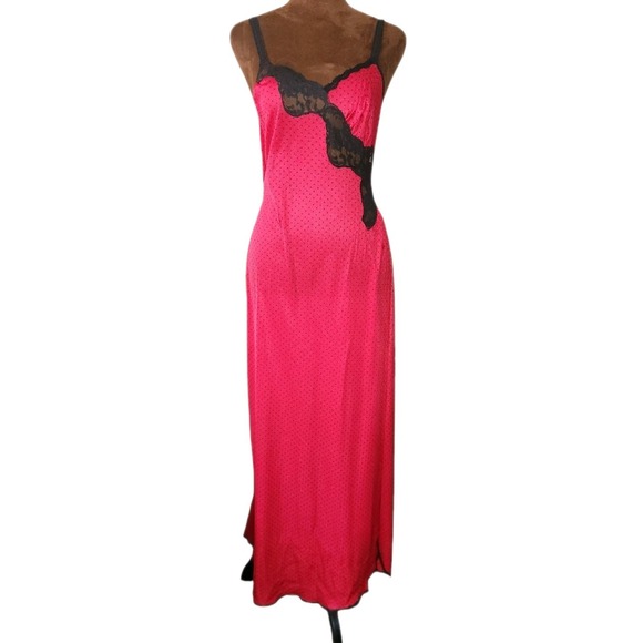Vanity Fair Other - Vintage Vanity Fair Slip Dress Size XS Red Polka Dots Lace High Side Slit Long